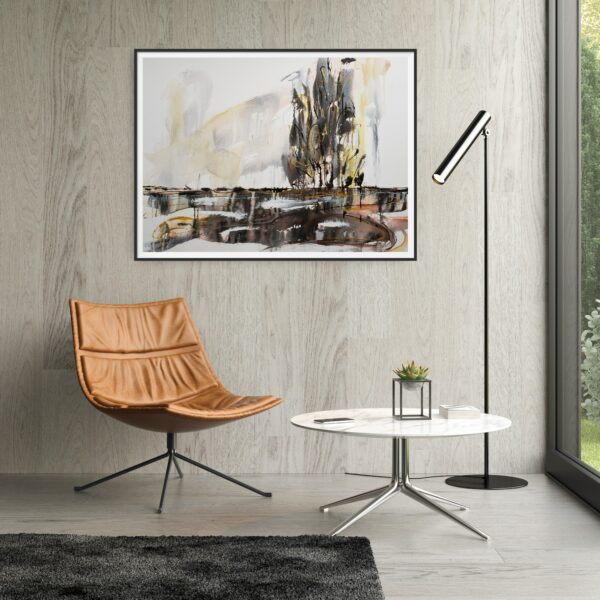Light on Nature - a neutral abstract mixed media artwork portrays the beauty of the natural world. The tree line is reflected in the waterway and the sky shows reflections of the sunlight shining on all of nature. The painting is hanging on a pale grey wall with n ochre chair and side table beneath.