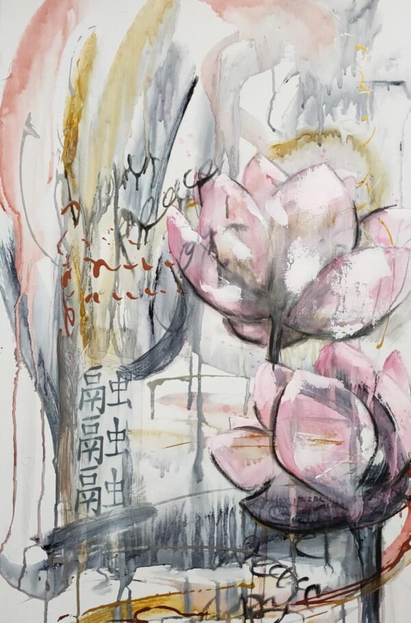 Lotus Heart - This mixed media painting portrays pale pink lotus flowers with an abstract background amidst Asian calligraphy for love and peace. Lotus flowers are representative of growing out of the muddy waters of life with purity, serenity and natural beauty.