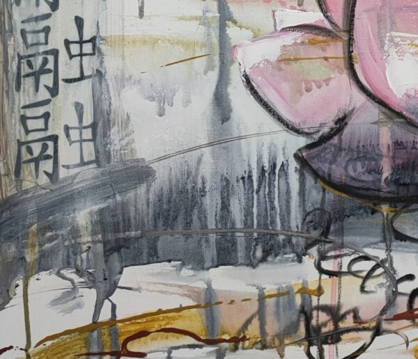 Lotus Heart - detail of a mixed media painting portrays pale pink lotus flowers with an abstract background amidst Asian calligraphy for love and peace. Lotus flowers are representative of growing out of the muddy waters of life with purity, serenity and natural beauty.