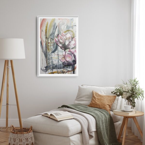 Lotus Heart - This mixed media painting portrays pale pink lotus flowers with an abstract background amidst Asian calligraphy for love and peace. Lotus flowers are representative of growing out of the muddy waters of life with purity, serenity and natural beauty. The painting is hanging on a white wall behind a chaise lounge, a side table and a tall lamp.
