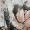Love of Lotus - Detail of an abstract mixed painting of a pale pink lotus flower is embellished with rich copper and black brushstrokes. The background is abstract with some Asian writing set into the artwork. Lotus flowers are representative of growing out of the muddy waters of life with purity, serenity and natural beauty.