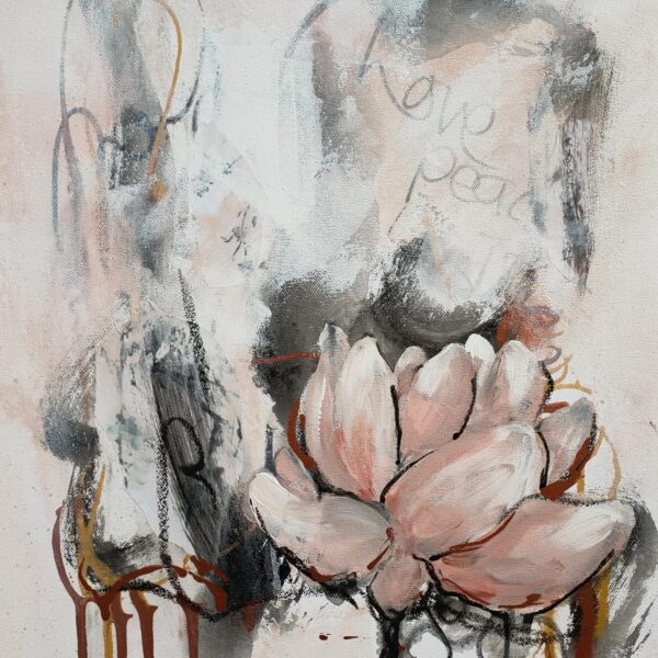 This abstract mixed painting of a pale pink lotus flower is embellished with rich copper and black brushstrokes. The background is abstract with some Asian writing set into the artwork. Lotus flowers are representative of growing out of the muddy waters of life with purity, serenity and natural beauty.