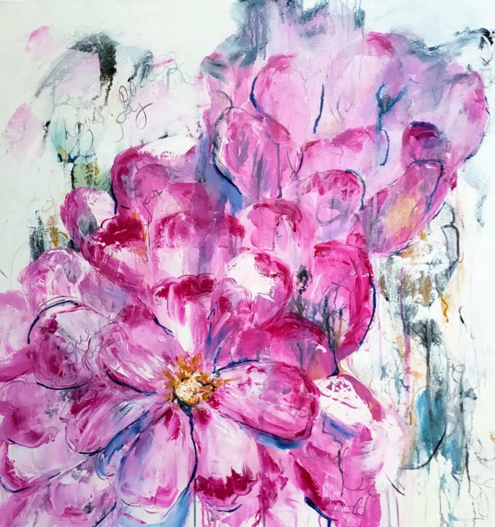 Luscious Pink - This mixed media artwork portrays the natural beauty of vibrant, luscious pink abstracted flowers surrounded by an abstract background containing beautiful blues, ochres, and uplifting writing.