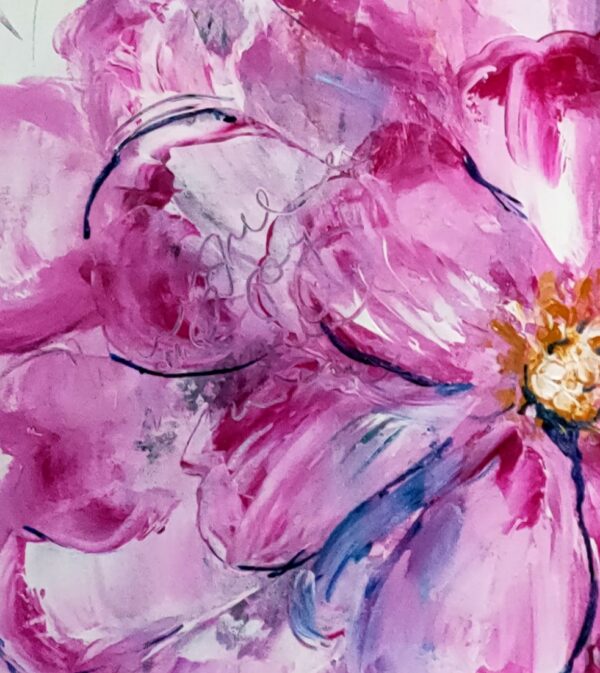 Luscious Pink - Detail of a mixed media artwork portrays the natural beauty of vibrant, luscious pink abstracted flowers surrounded by an abstract background containing beautiful blues, ochres, and uplifting writing.