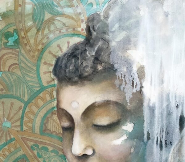 Mystical Heart - detail of a mixed media painting portraying a Buddha head with a turquoise and ochre mandala pattern background.