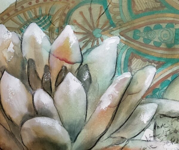 detail of a mixed media painting portraying a pale apricot and ochre lotus flower with a turquoise and ochre mandala pattern background. Lotus flowers are representative of growing out of the muddy waters of life with purity, serenity and natural beauty.