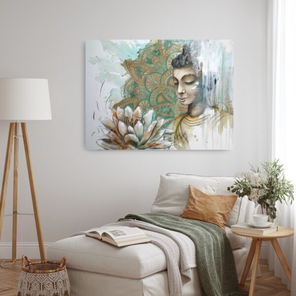 Mystical Heart - a mixed media painting portraying a female Buddha meditating, a pale apricot and ochre lotus flower in the foreground and a turquoise and ochre mandala patterned background. Lotus flowers are representative of growing out of the muddy waters of life with purity, serenity and natural beauty. The painting is hanging on a pale wall behind a chaise lounge, a side table and a tall lamp.