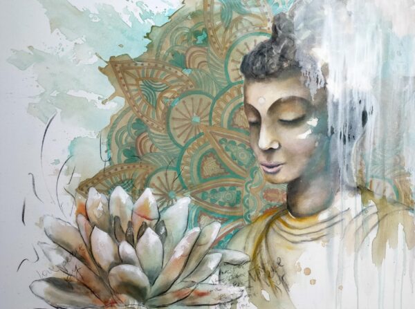 Mystical Heart - a mixed media painting portraying a female Buddha meditating, a pale apricot and ochre lotus flower in the foreground and a turquoise and ochre mandala patterned background. Lotus flowers are representative of growing out of the muddy waters of life with purity, serenity and natural beauty.