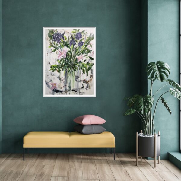 Nature's Beauty - This abstract mixed media artwork represents a large vase of luscious pink and purple flowers amidst beautiful green foliage. The background is abstracted with bold, sweeping brushstrokes and has positive wording & poems are embedded into the composition to add interest and symbolisim. The painting is hanging on a jade coloured wall with a seat in front and a pot plant to the side.