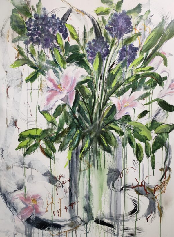 Nature's Beauty - This abstract mixed media artwork represents a large vase of luscious pink and purple flowers amidst beautiful green foliage. The background is abstracted with bold, sweeping brushstrokes and has positive wording & poems are embedded into the composition to add interest and symbolisim.