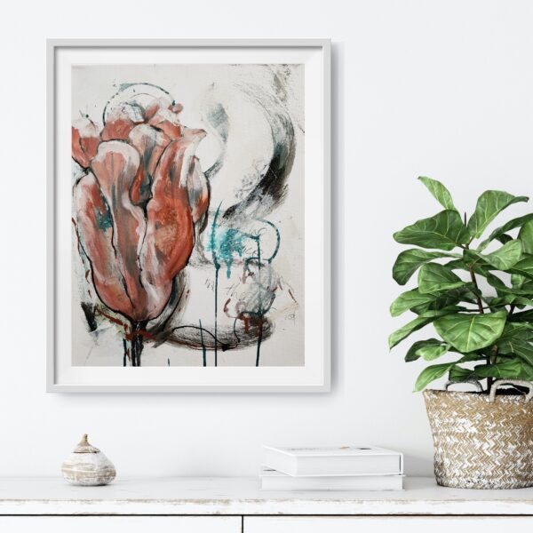 Opening to the Light - This mixed media artwork portrays a large abstracted rich copper flower growing and opening towards the sunlight. The background is abstracted with bold black, turquoise and rich copper brushstrokes adding depth and interest. The painting is hanging on a white wall with a shelf, decorating items and a pot plant in front.