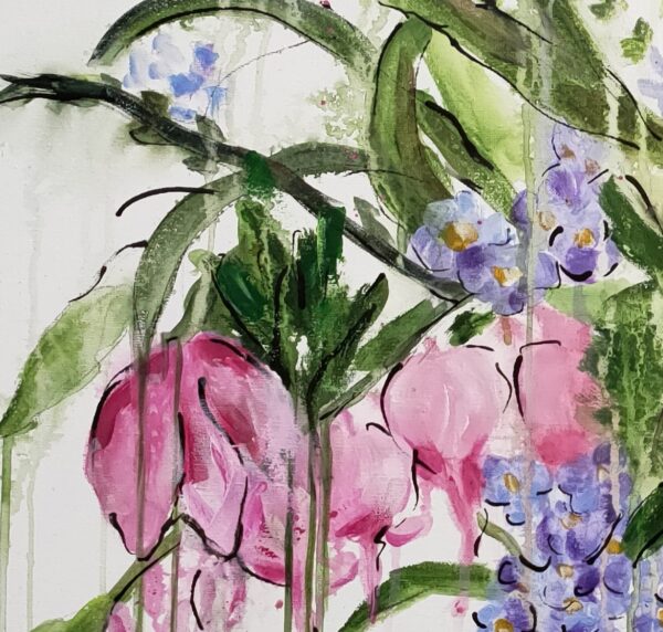 Opulence - Detail of an abstract mixed media artwork represents the beauty of nature with a vase of opulent red, pink and purple flowers amongst luscious green foliage.