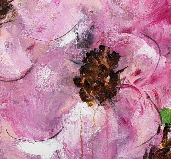 Opulent Pink - Detail of a mixed media painting portraying large, vibrant, and opulent pink flowers amongst green leaves in the background.