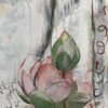 Peace Within Buddha detail - original artwork of pale pink and green lotus flowers amongst bold brushstrokes in grey and copper to enhance the background.