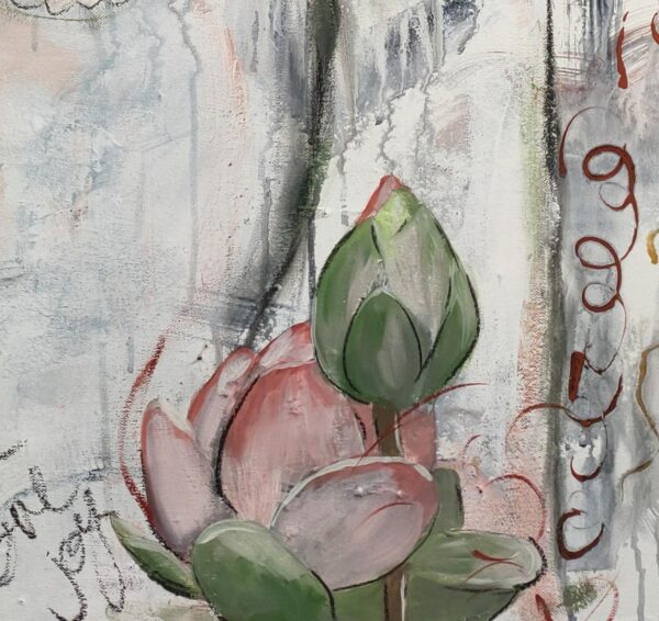 Peace Within Buddha detail - original artwork of pale pink and green lotus flowers amongst bold brushstrokes in grey and copper to enhance the background.