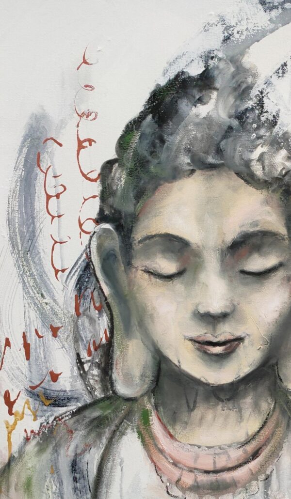 Peace Within Buddha - original artwork detail of a female peaceful Buddha meditating with bold grey and copper brushwork in the background enhancing the composition.