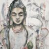 Peace Within Buddha - Original artwork of a peaceful, meditating artwork in pale beige and grey with a pink and green lotus flower in the foreground. The background has bold brushstrokes in grey and copper to enhance the composition.