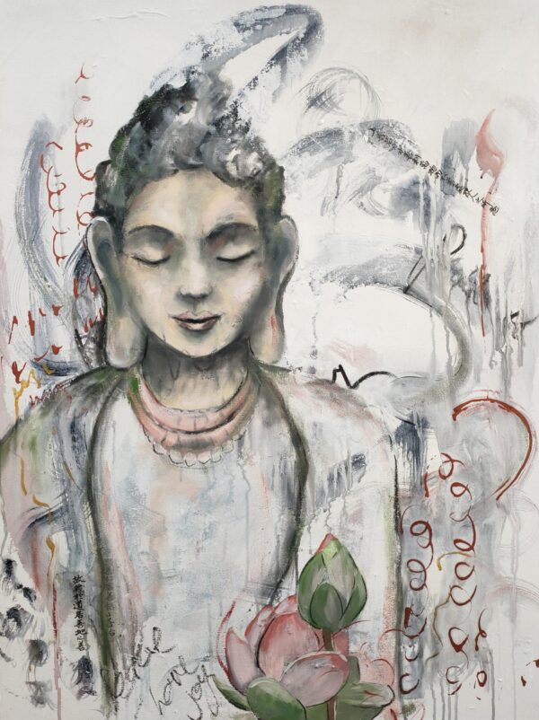 Peace Within Buddha - Original artwork of a peaceful, meditating artwork in pale beige and grey with a pink and green lotus flower in the foreground. The background has bold brushstrokes in grey and copper to enhance the composition.