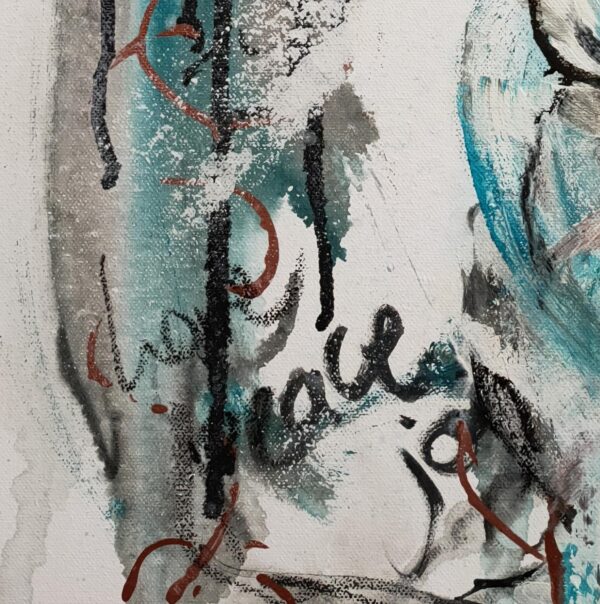 Peace Within - Detail of an abstract mixed media painting portrays a representation of a turquoise lotus flower with rich copper and black writing of love, peace and joy amidst bold black and turquoise brushstrokes.
