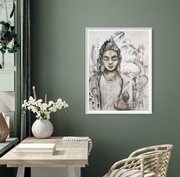 Peace Within - original artwork of a peaceful female Buddha meditating in pale neutral colours with a pink and green lotus flower hanging on a green wall in front of a white desk and chair. On the desk is a vase of flowers, mala beads and some books. In the window is a lamp and plant.