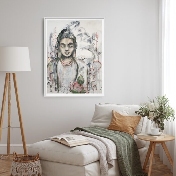 Peace Within - original artwork of a female Buddha peacefully meditating hanging on a wall in a room with a chaise lounge in front and a standing light and small table decorating the room.