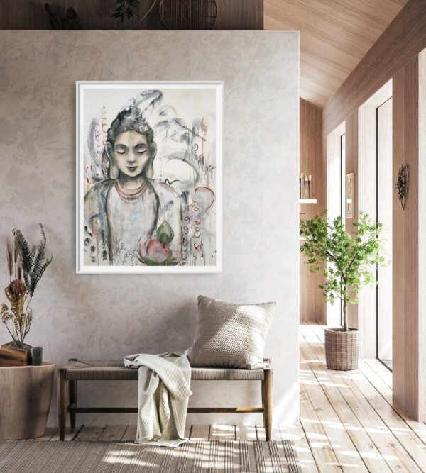 Peace Within - original artwork of a peaceful female Buddha meditating hanging on a pale grey wall above a seat with cushion and throw rug, and plants decorating the area. Light coming from the window to the right of the room.