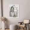 Peace Within - original artwork of a peaceful meditating female hanging on a pale grey wall in a room with a chair, footstool, and small table containing a vase of dried flowers.