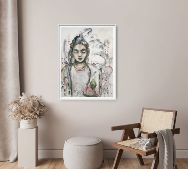 Peace Within - original artwork of a peaceful meditating female hanging on a pale grey wall in a room with a chair, footstool, and small table containing a vase of dried flowers.