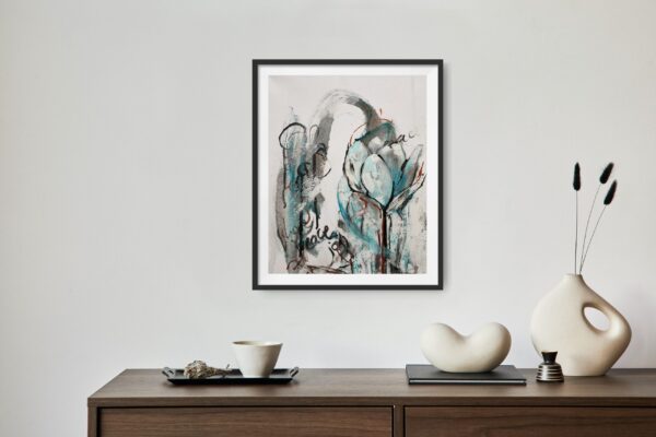 Peace Within - This abstract mixed media painting portrays a representation of a turquoise lotus flower with rich copper and black writing of love, peace and joy amidst bold black and turquoise brushstrokes. The painting is hanging on a white wall with a shelf. On the shelf are decorating items.