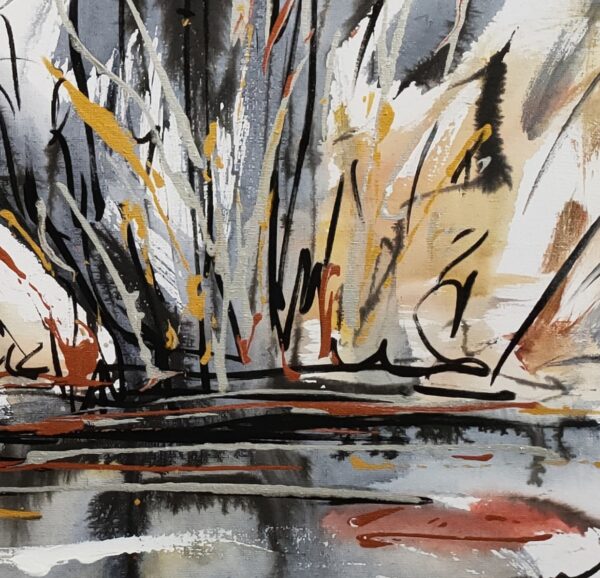 Stormy outback - detail of an abstract mixed media artwork portrays an outback lake, or billabong, with trees and scrubland emerging from the background amidst a storm.