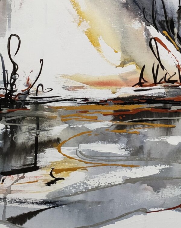 Stormy Outback - detail of an abstract mixed media artwork portrays an outback lake, or billabong, with trees and scrubland emerging from the background amidst a storm.