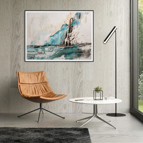 Sunlight Reflections - This mixed media artwork represents a landscape of beautiful turquoise waters with a reflection of rich copper and black tree line on the shore. The sunlight and the sky are reflecting beautiful turquoise and ochre colours showing the sky in high summer. The painting is hanging on a pale grey wall with an ochre chair, dark rug and standing light with a white coffee table.