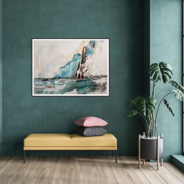 Sunlight Reflections - This mixed media artwork represents a landscape of beautiful turquoise waters with a reflection of rich copper and black tree line on the shore. The sunlight and the sky are reflecting beautiful turquoise and ochre colours showing the sky in high summer. The painting is hanging on a jade coloured wall with a seat in front and a pot plant to the side.
