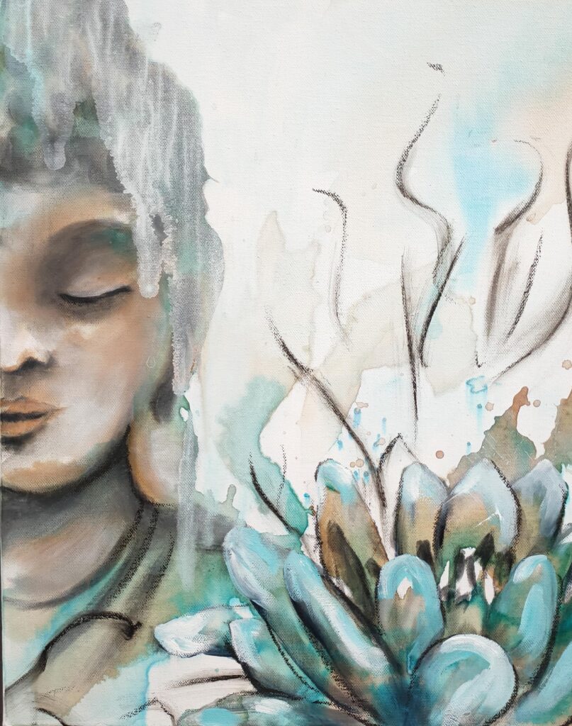 Through the Veil - original artwork of a half female Buddha face with a white veil down the right-hand side suggesting moving through the veil of maya, or illusion, in life, with is a turquoise and ochre lotus flower in the right-hand front corner with bold brushstrokes in the background enhancing the composition.