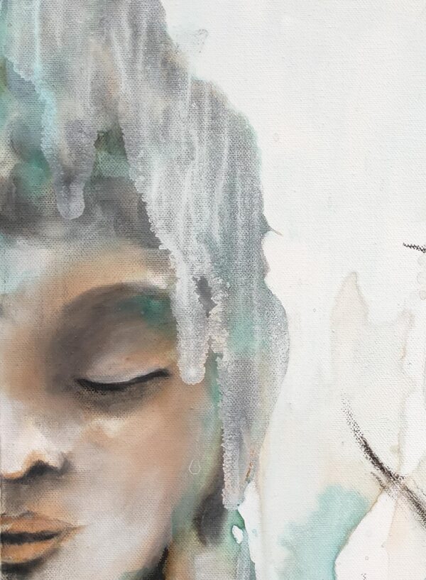 Through the Veil detail of original artwork of female Buddha face meditating in turquoise, ochre and white colours.