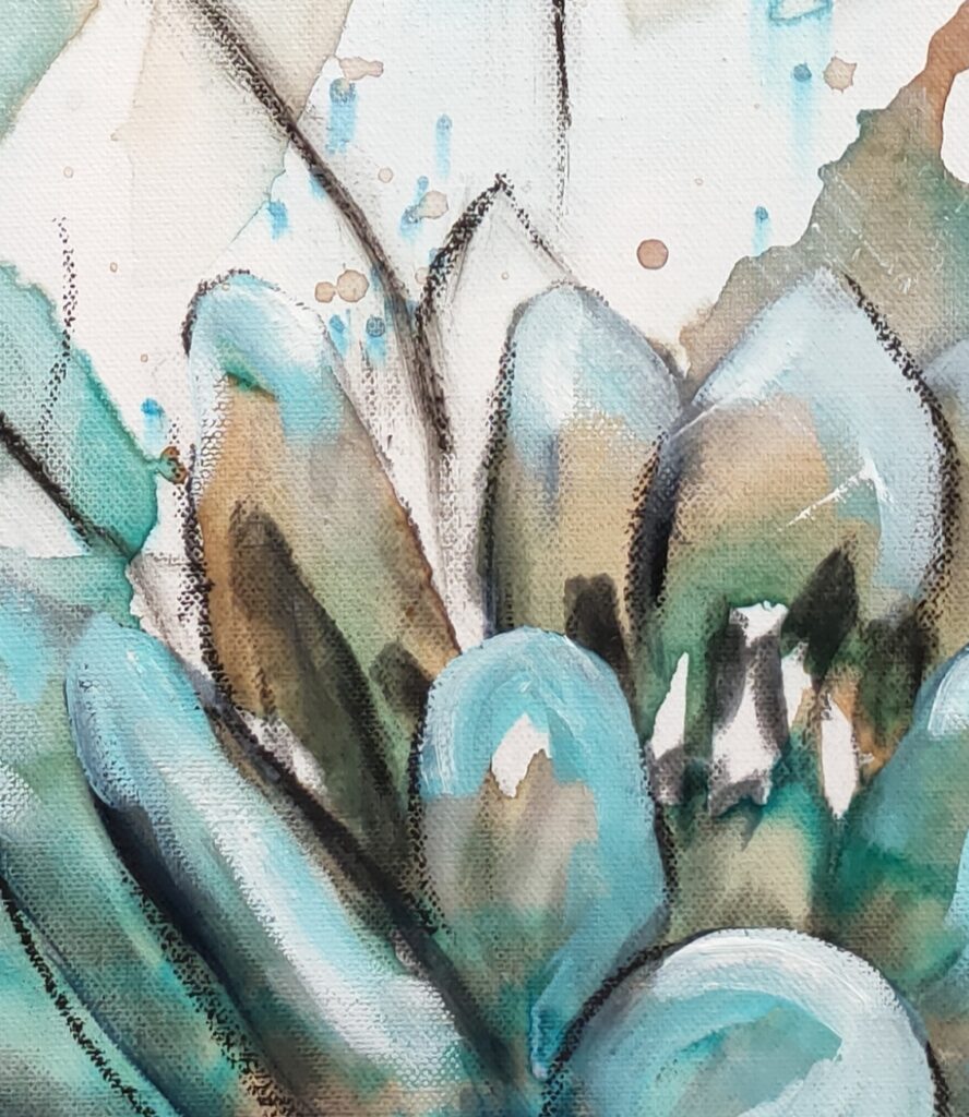 Through the Veil - original artwork detail of a turquoise and ochre lotus flower