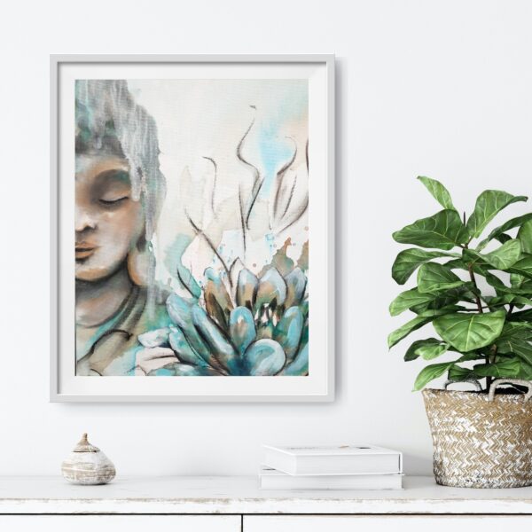 Through the Veil - original artwork of a half female Buddha's face with a white veil covering a part of her. A turquoise lotus flower is in the foreground and bold brushstrokes in the background to enhance the composition. It is hanging in a room with a white wall. Underneath is a white shelf with a plant, books and a small container displayed.