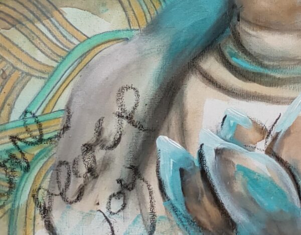 Turquoise Devotion - detail of an original artwork showing a female Buddha meditating. In the foreground is a turquoise lotus flower and in the background is a turquoise and ochre mandala pattern. The words love, peace and joy are written in the front.