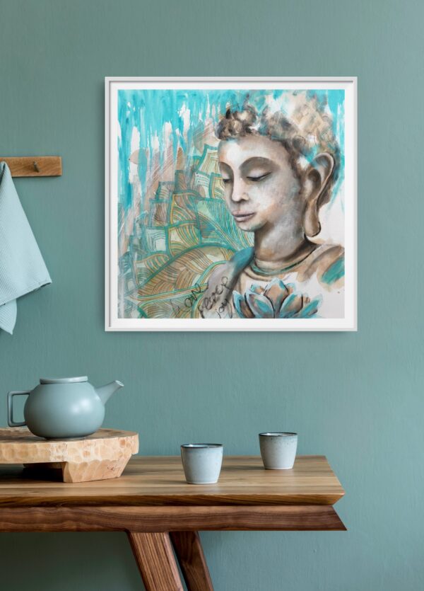 Turquoise Devotion - An original artwork showing a female Buddha meditating. In the foreground is a turquoise lotus flower and in the background is a turquoise and ochre mandala pattern. The words love, peace and joy are written in the front. The painting is hanging on a turquoise wall with a table and teapot / cups below.
