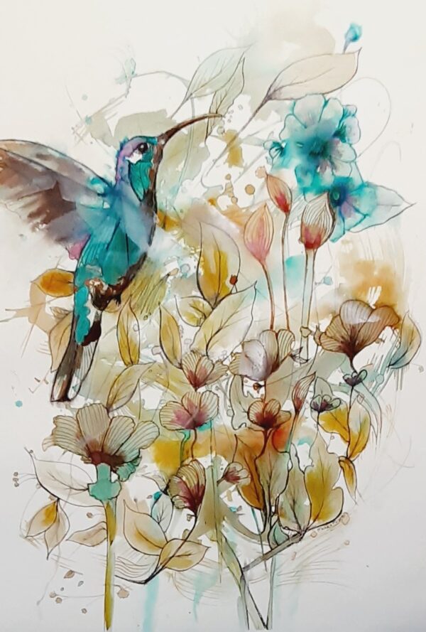 Hummingbird in the Garden - original artwork of a jade hummingbird flying amongst turquoise, pink and ochre flowers and foliage