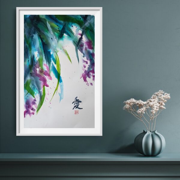 Love - Original artwork of a purple orchids and blue green leaves hanging from above, gently blowing in the breeze. The flowers and hanging leaves contain reflections from the light above. On the right-hand side is Asian calligraphy for 'love'. The painting conveys a sense of spirituality and elegance. The painting is hanging on a jade coloured wall above a shelf and decorating items.