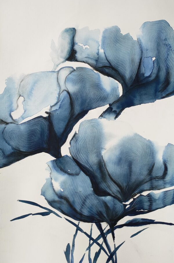An abstract artwork of blue magnolias in an Asian inspired painting.