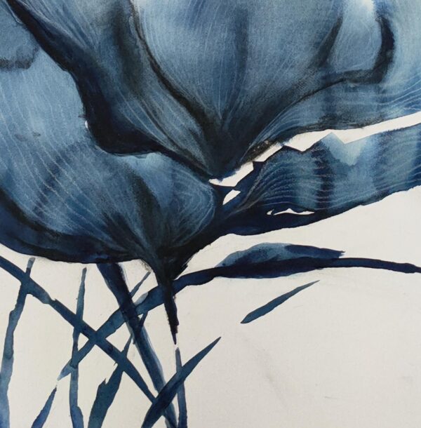 Detail of an abstract artwork of blue magnolias in an Asian inspired painting.