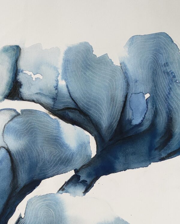Detail of an abstract artwork of blue magnolias in an Asian inspired painting.