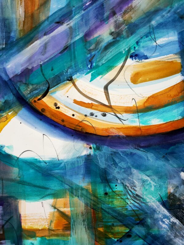 Abstract artwork containing pattern with blue, turquoise, yellow, orange, white and black swirling patterns.