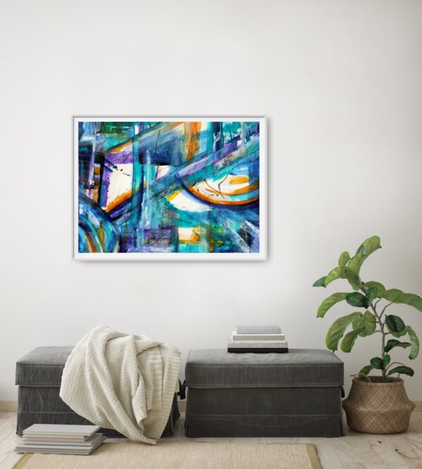Abstract artwork containing pattern with blue, turqouise, yellow, orange, white and black swirling patterns hanging on a wall above a sofa with a plant beside.