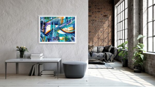 Abstract artwork containing pattern with blue, yellow, orange, white and black swirling patterns hanging on a wall above a hall table and small seat.