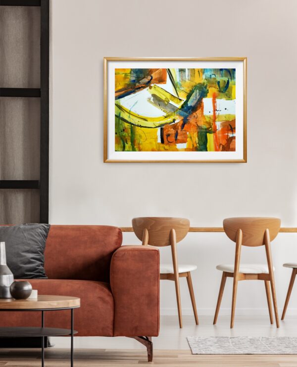 Bright abstract pattern artwork in yellow, orange, blue and green colours hanging on a wall above a breakfast bar and sofa.