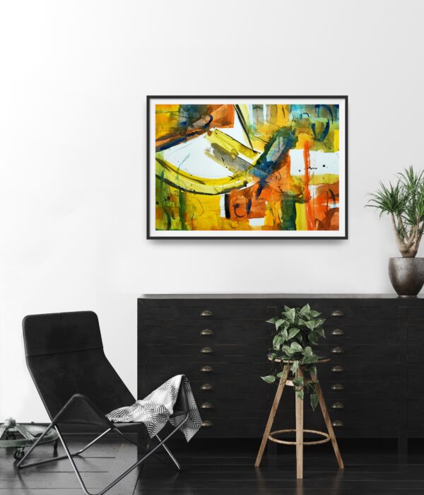 Bright abstract pattern artwork in yellow, orange, blue and green colours hanging on a wall above a black cabinet and black chair.