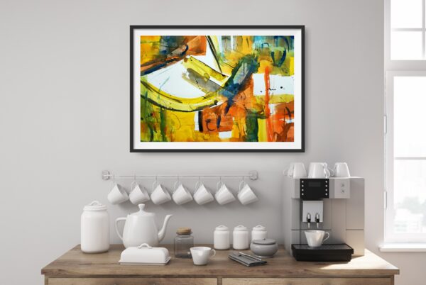 Bright abstract pattern artwork in yellow, orange, blue and green colours hanging on a wall above a kitchen bench with coffee and tea making items.